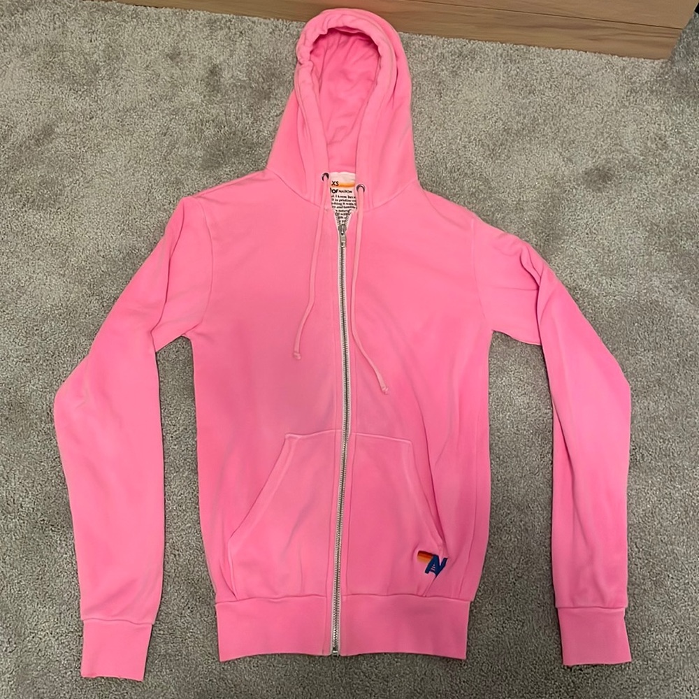 Aviator Nation, pink rock & roll zip up hoodie sweatshirt, XS